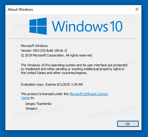 Windows 10, сборка 19018 Winver