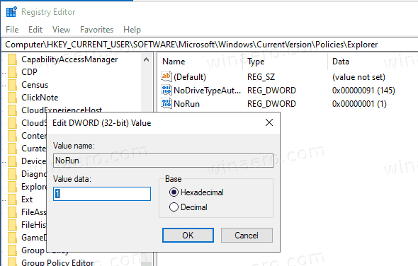 Windows 10 Disable Run Dialog Tweak
