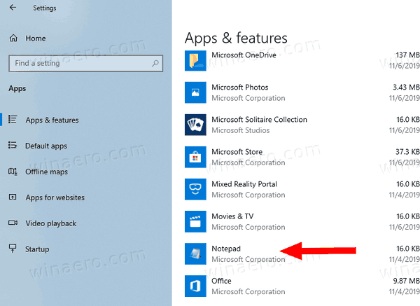 Windows 10 находит блокнот в списке