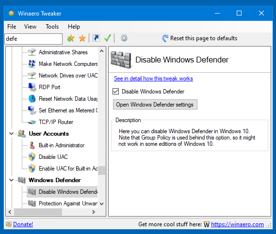 Winaero Tweaker 0.16.1 Disable Defender