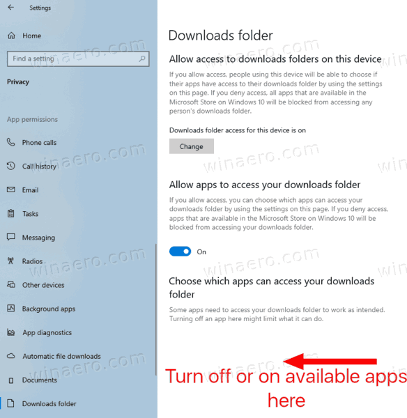 Windows 10 разрешает запретить приложению доступ к папке загрузок для каждого приложения