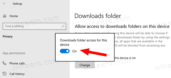 Windows 10 разрешает запретить приложению доступ к папке загрузок для всех пользователей