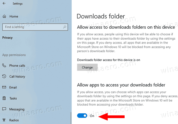 Windows 10 разрешает запретить приложению доступ к папке загрузок для текущего пользователя