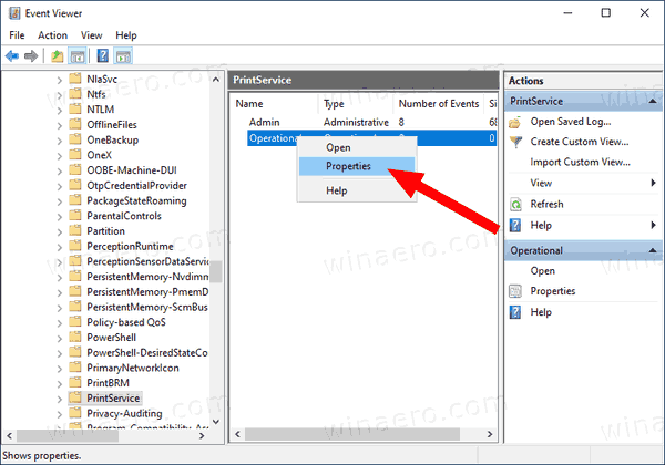 Windows 10 PrintService Operational Event Viewer