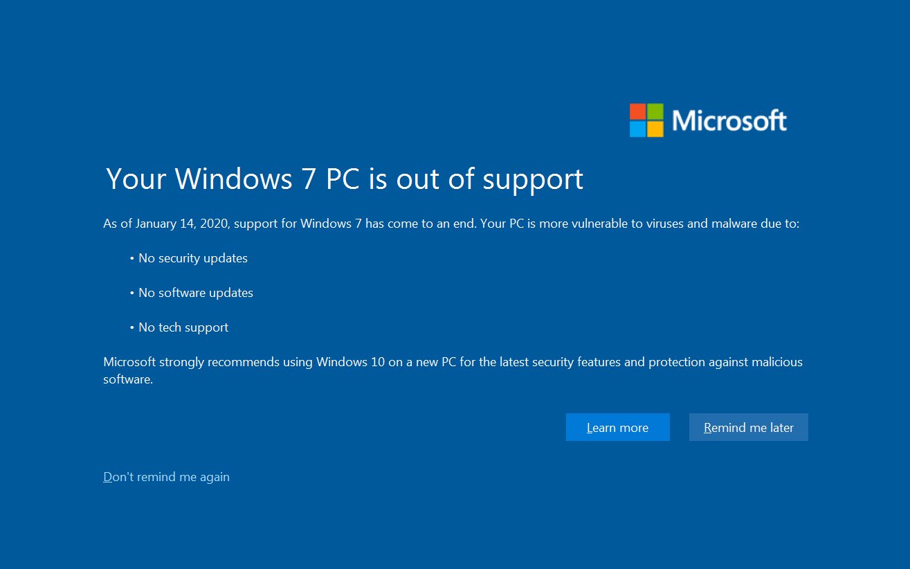 Объявление об окончании поддержки Windows 7