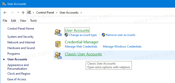Classic User Accounts In Control Panel