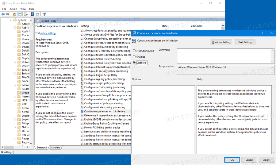 Disable Shared Experiences In Windows 10