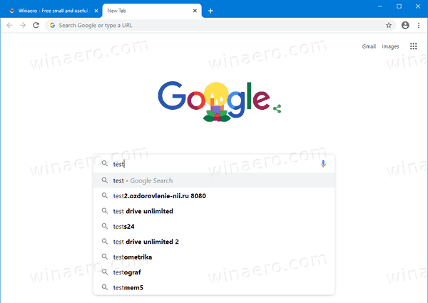 Страница новой вкладки в окне реального поиска Google Chrome