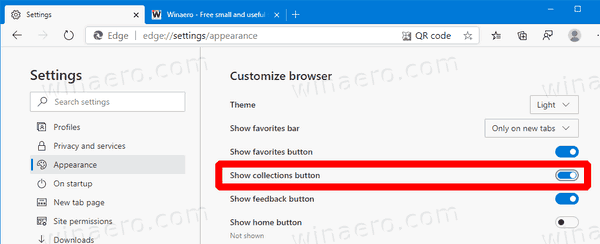 Microsoft Edge Show Collections Button