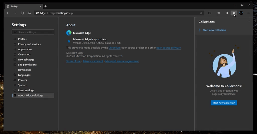 Microsoft Edge Stable With Collections Enabled