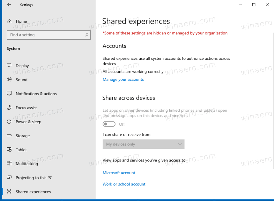 Shared Experiences Disabled In Windows 10 Settings