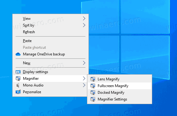 Контекстное меню лупы Windows 10