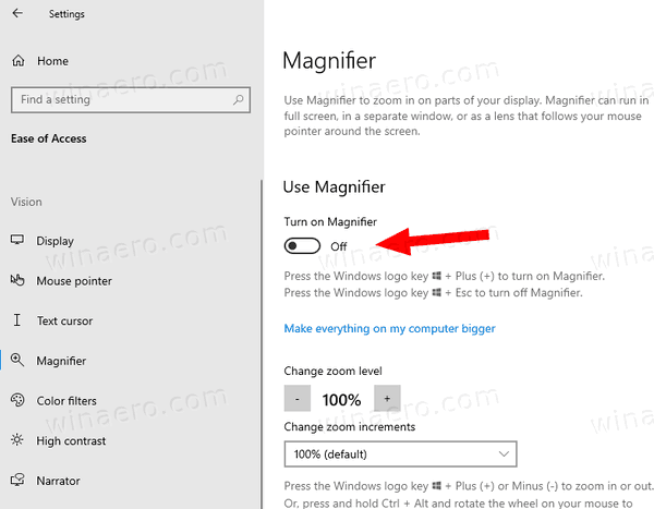 Windows 10 Start Magnifier в настройках