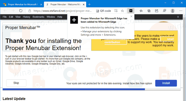 Edge Menubar Extension Installed