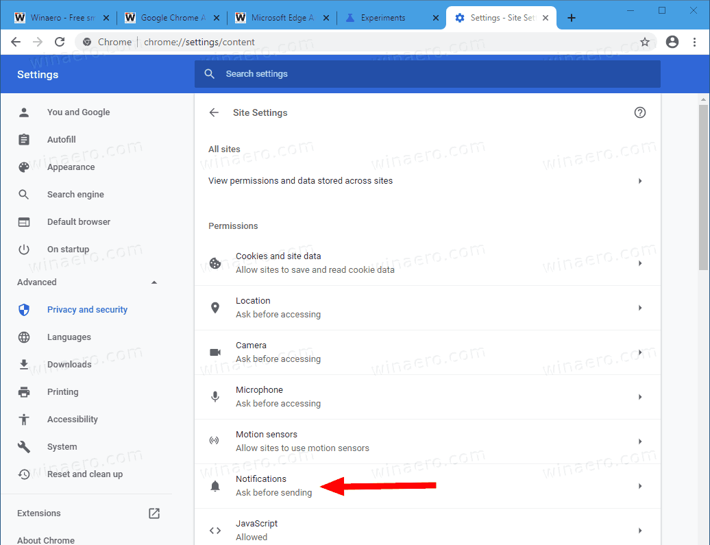 Google Chrome Settings Privacy Site Settings Notifications