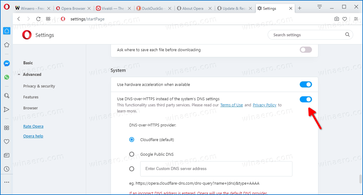Opera Enable DNS Over HTTPS Step 2