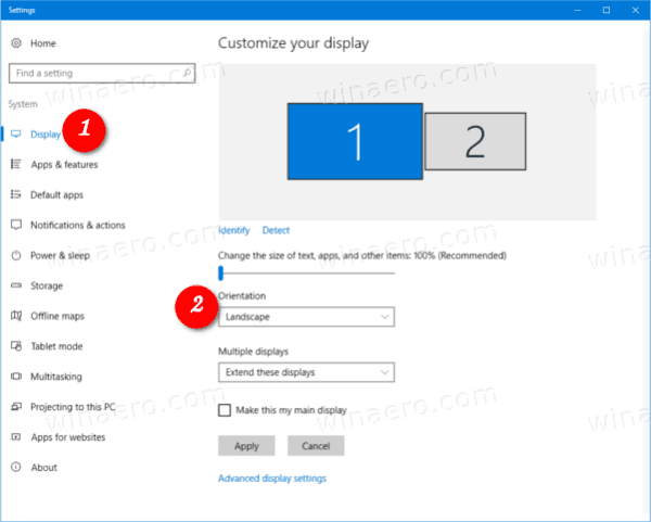 Windows 10 Display Orientation Option
