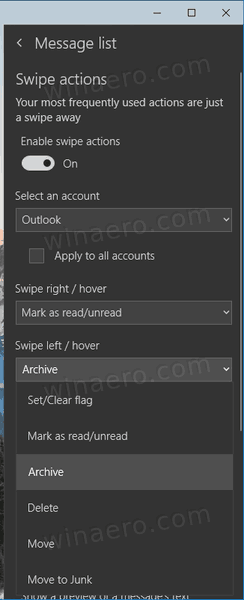 Изменение почты в Windows 10 смахиванием влево