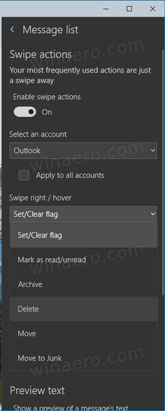 Изменение почты в Windows 10 смахиванием вправо