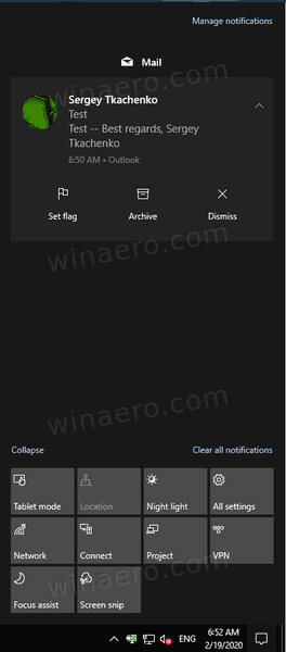 Windows 10 New Mail Notification Action Center