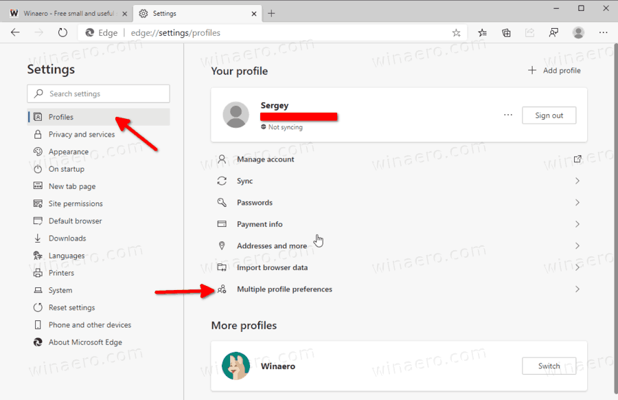 Edge Multiple Profile Preferences Link