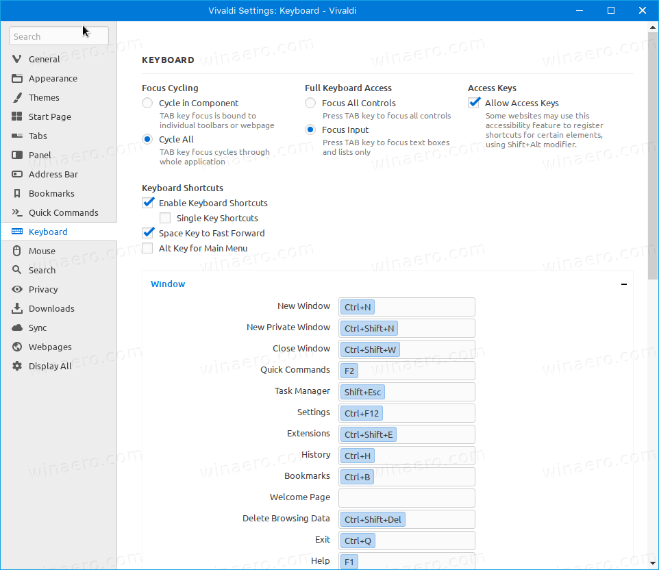 Vivaldi Hotkeys Options