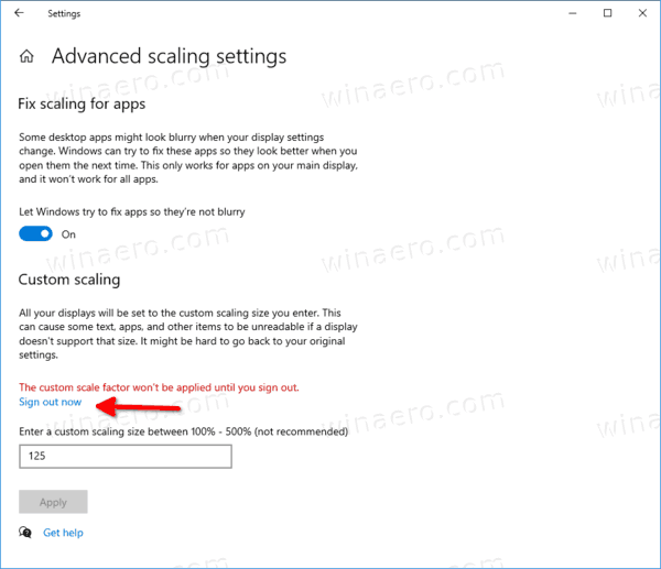 Windows 10 Apply Custom Display Scaling Level