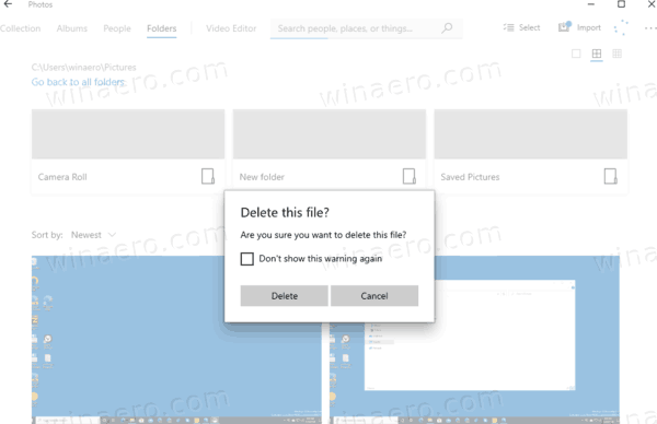 Диалоговое окно подтверждения удаления фотографий Windows 10