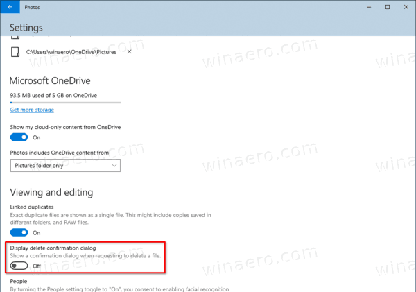 Windows 10 Photos отключить диалоговое окно подтверждения удаления в настройках приложения