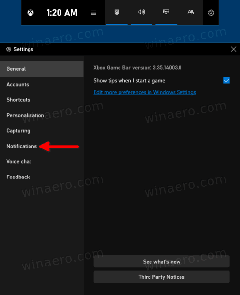 Уведомления о настройках игровой панели Xbox в Windows 10