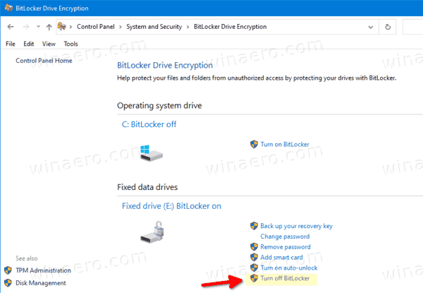 Disable Bitlocker For Fixed Drive In Control Panel