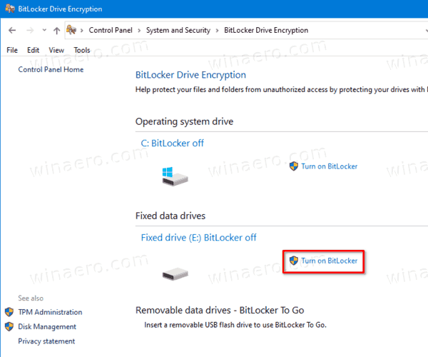 Enable Bitlocker For Fixed Drive In Control Panel