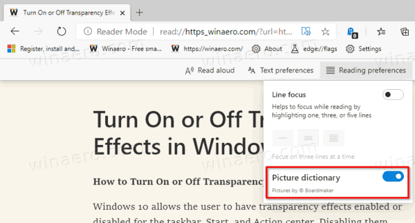 Enable Picture Dictionary for Immersive Reader in Microsoft Edge