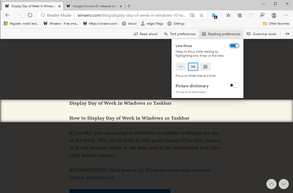 Microsoft Edge Immpersive Reader Line Focus