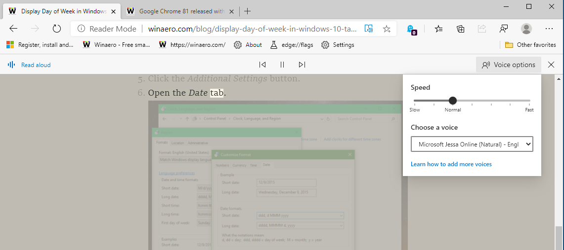 Microsoft Edge Immpersive Reader Read Aloud Voice Options