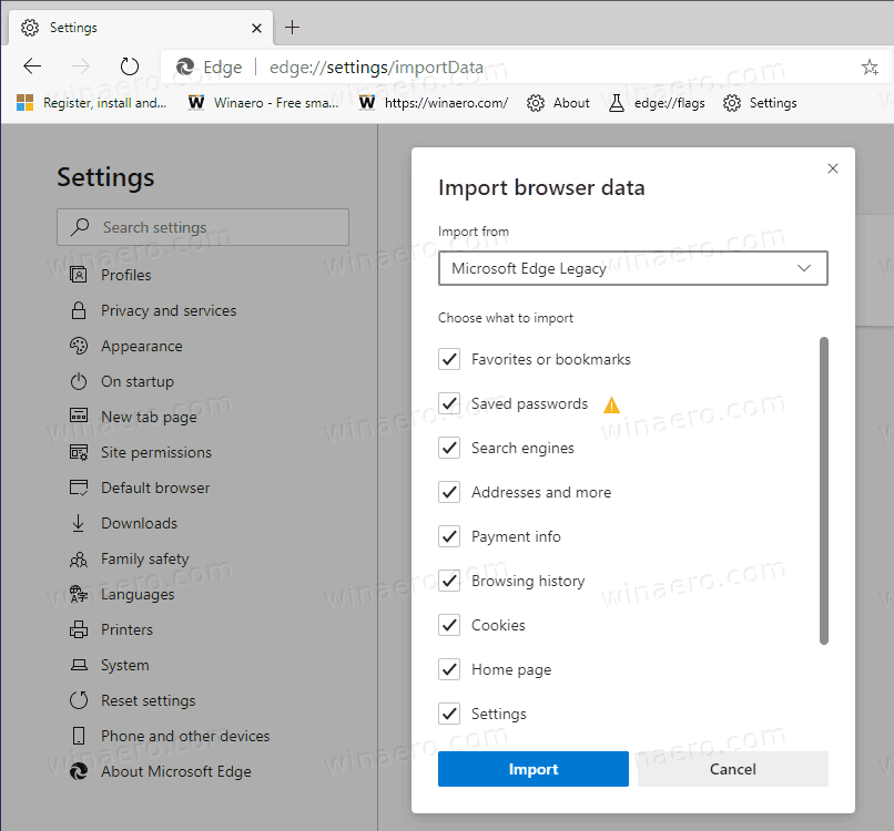 Microsoft Edge импортирует данные браузера из Edge Legacy