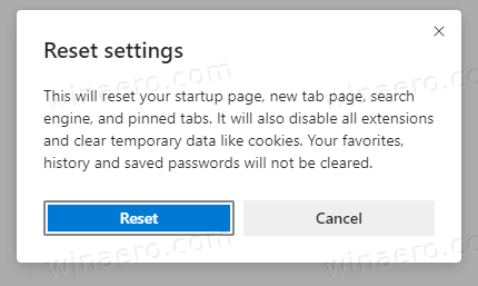 Microsoft Edge Reset Settings Dialog