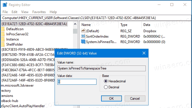 Remove Dropbox From WIndows 10 File Explorer In Registry