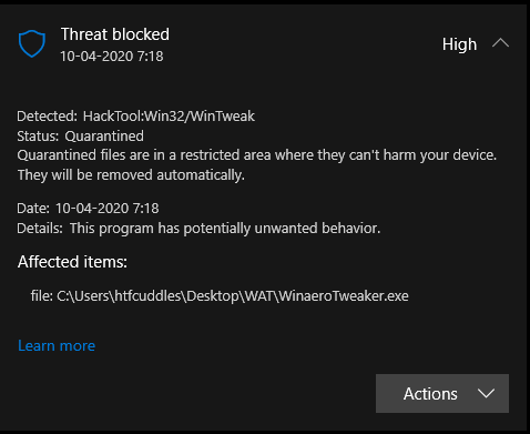 Winaero Tweaker Flagged By Defender