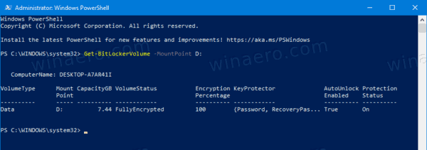 Состояние защиты диска BitLocker в Windows 10 в PowerShell