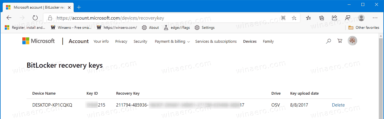 Ключи восстановления Windows 10 BitLocker в OneDrive