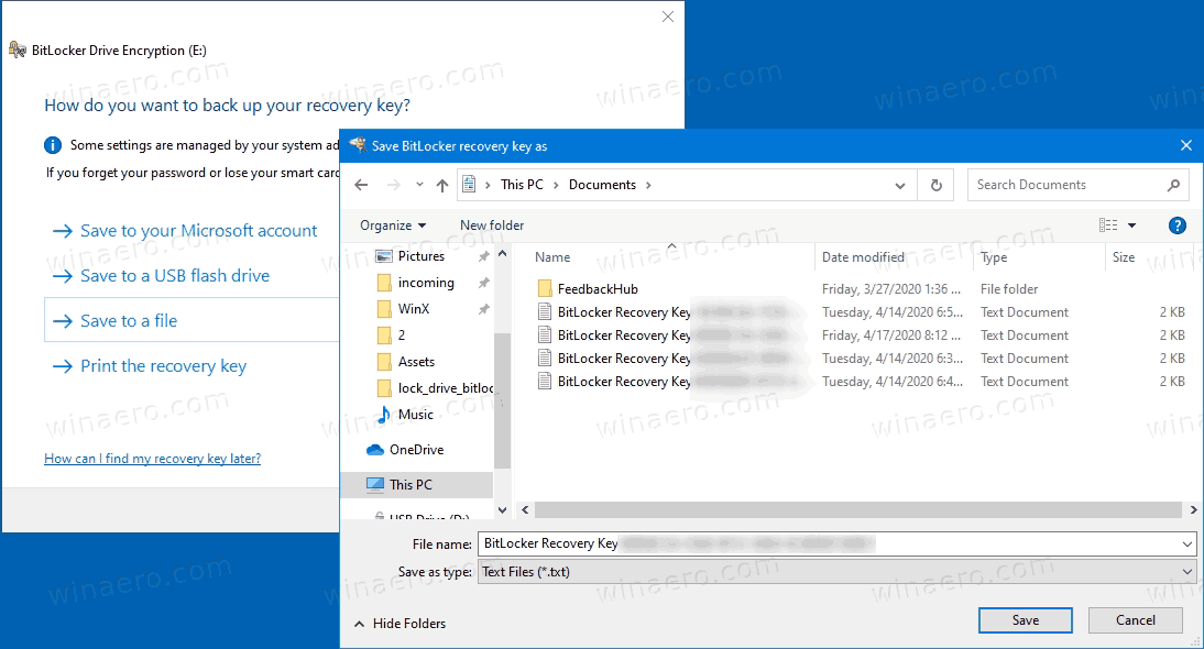Windows 10 BitLocker Save Recovery Key To File