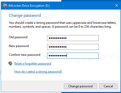 Диалоговое окно изменения пароля BitLocker в Windows 10