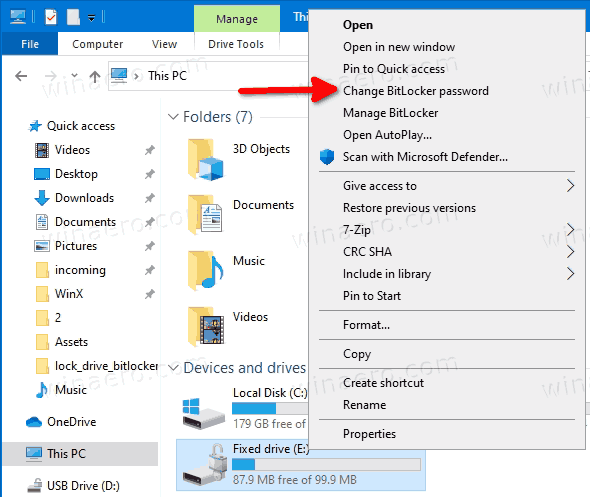 Windows 10 изменить пароль BitLocker из контекстного меню