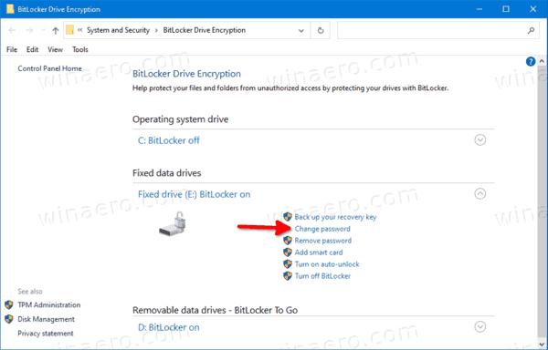 Windows 10 изменить пароль BitLocker из панели управления