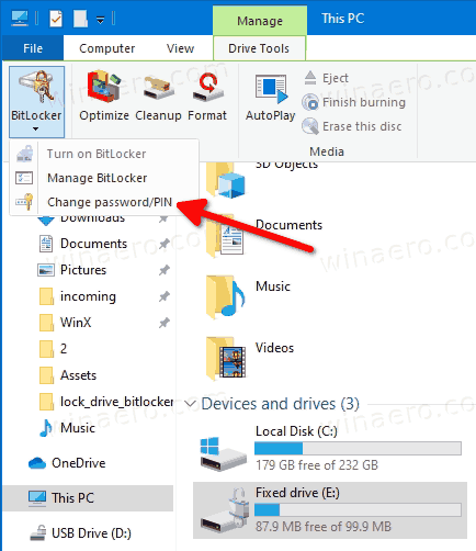 Windows 10 изменить пароль BitLocker с ленты