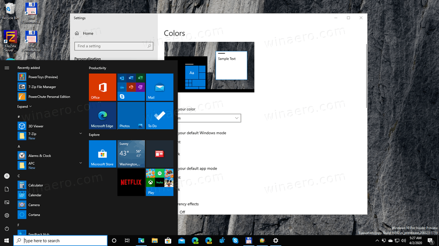 Эффекты прозрачности в Windows 10 отключены