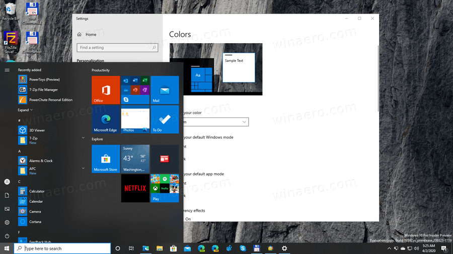 efekty průhlednosti systému Windows 10 povoleny