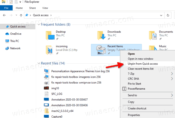 Windows 10 UnPin Recent Items In Quick Access Folder
