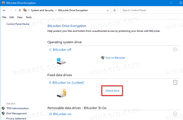 Windows 10 Unlock Bitlocker Drive In Control Panel